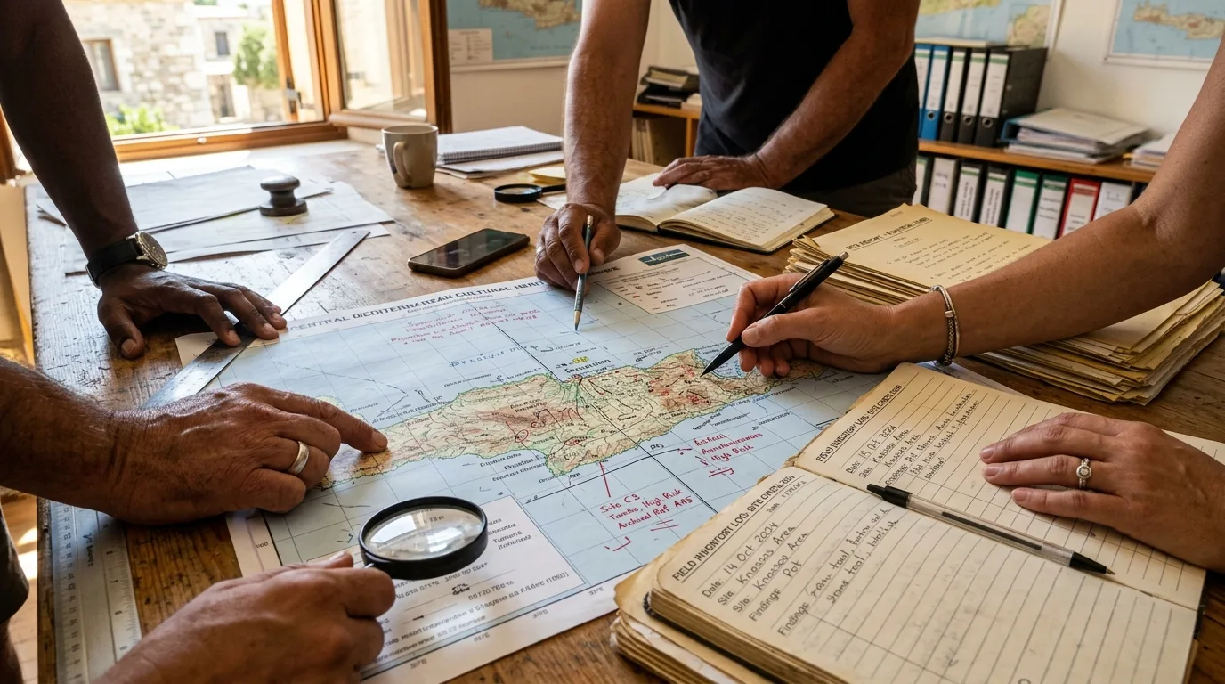 Bénévoles et spécialistes de l'ASPAME étudiant des cartes historiques et plans d'action