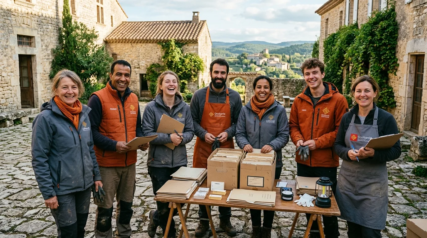 Groupe de bénévoles de l'ASPAME en pleine action de tri et d'inventaire